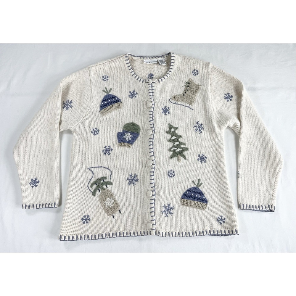 Vtg Croft & Barrow‎ Christmas Cardigan Sweater M Embroidered Snowflake Tree